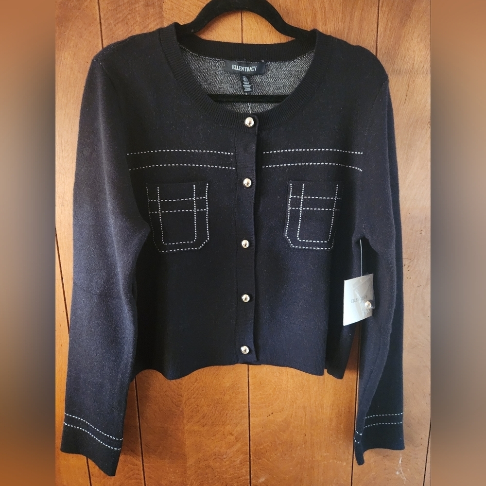 Ellen Tracy Black Button Down Cardigan w/ Whte Top-Stitch, Chest Pockets, L, NWT